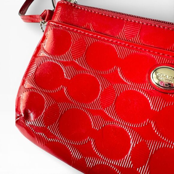 COACH Red Debossed Patent Leather Signature Large Wristlet Clutch Bag - Picture 2 of 8